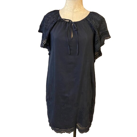 Madewell Dress Navy Blue Medium 6 8 10 Short Sleeve Embroidered Silk Cotton - Picture 5 of 15